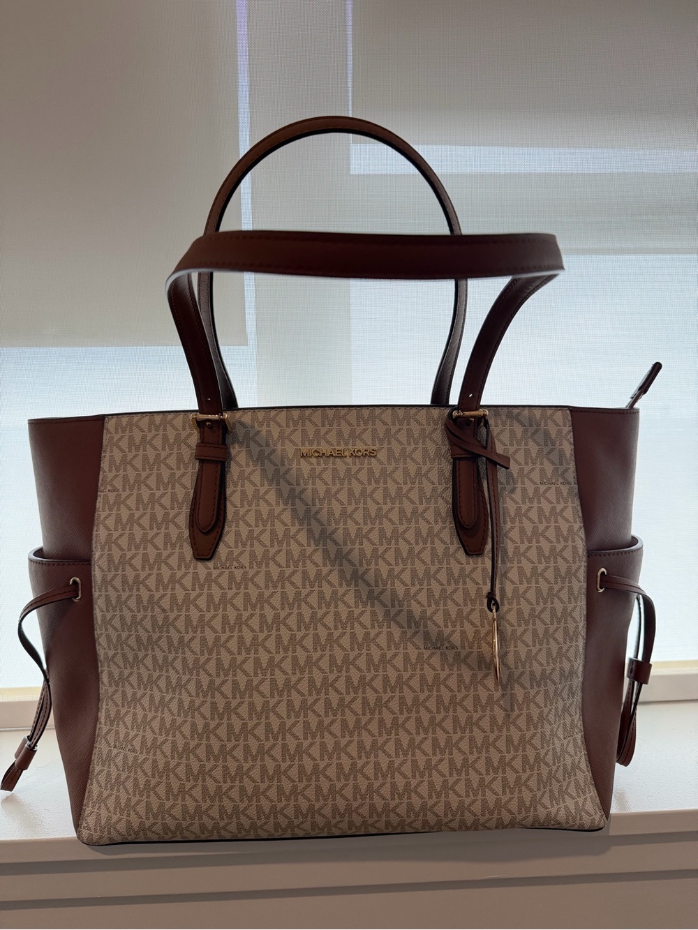 Michael Kors Beige Signature MK Logo Tote with Brown Leather Trim